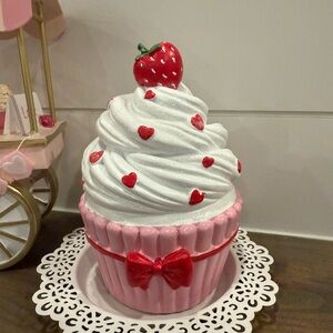 New! Coquette White Pink & Red Cupcake with Strawberry on top